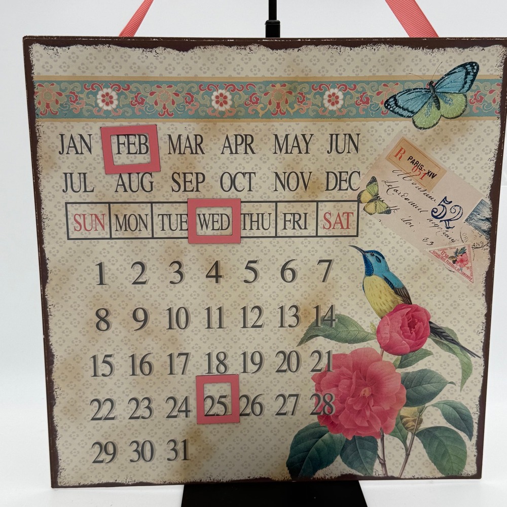 Vintage Style Magnetic Perpetual Calendar Metal Wall Decor Bird Butterfly Floral